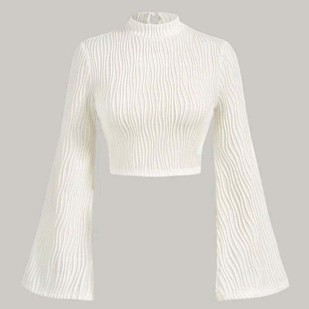 Ivory Mock Neck Key Hole Crop Top - Picture 2 of 5